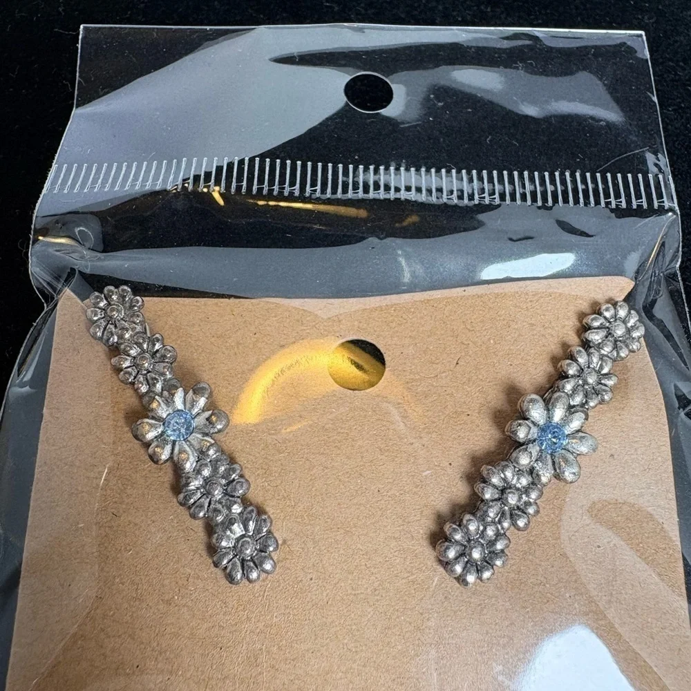 Floral Silver Tone Barrettes with Blue Rhinestone Accent